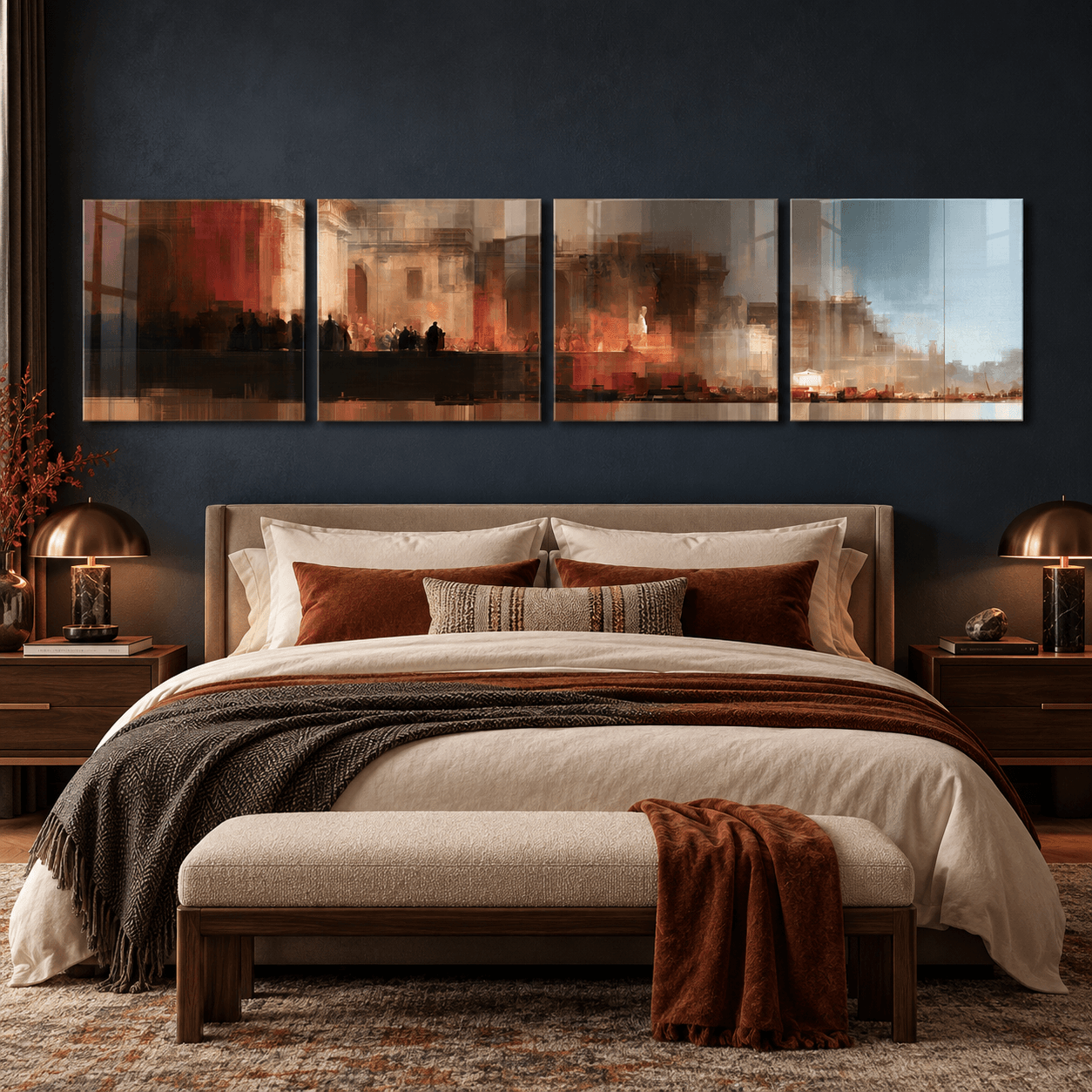 Abstract classical architecture wall art in red and blue tones above a bed in a navy bedroom